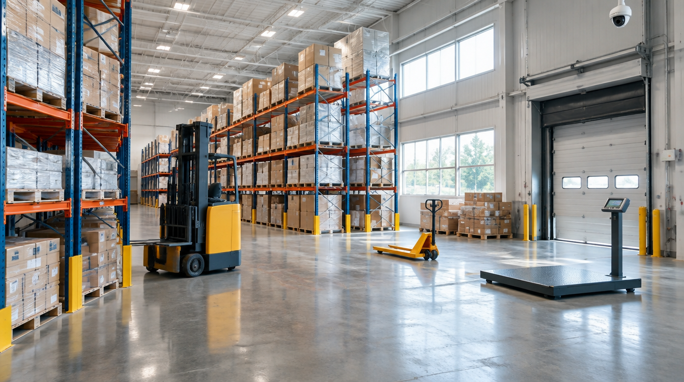 Modern warehouse with racking, forklift and scales — equipment from ELIS